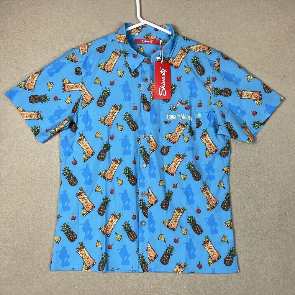 Shinesty Shirt Men Large Blue Captain Morgan Pineapple Hawaiian Adult‎ NWT
